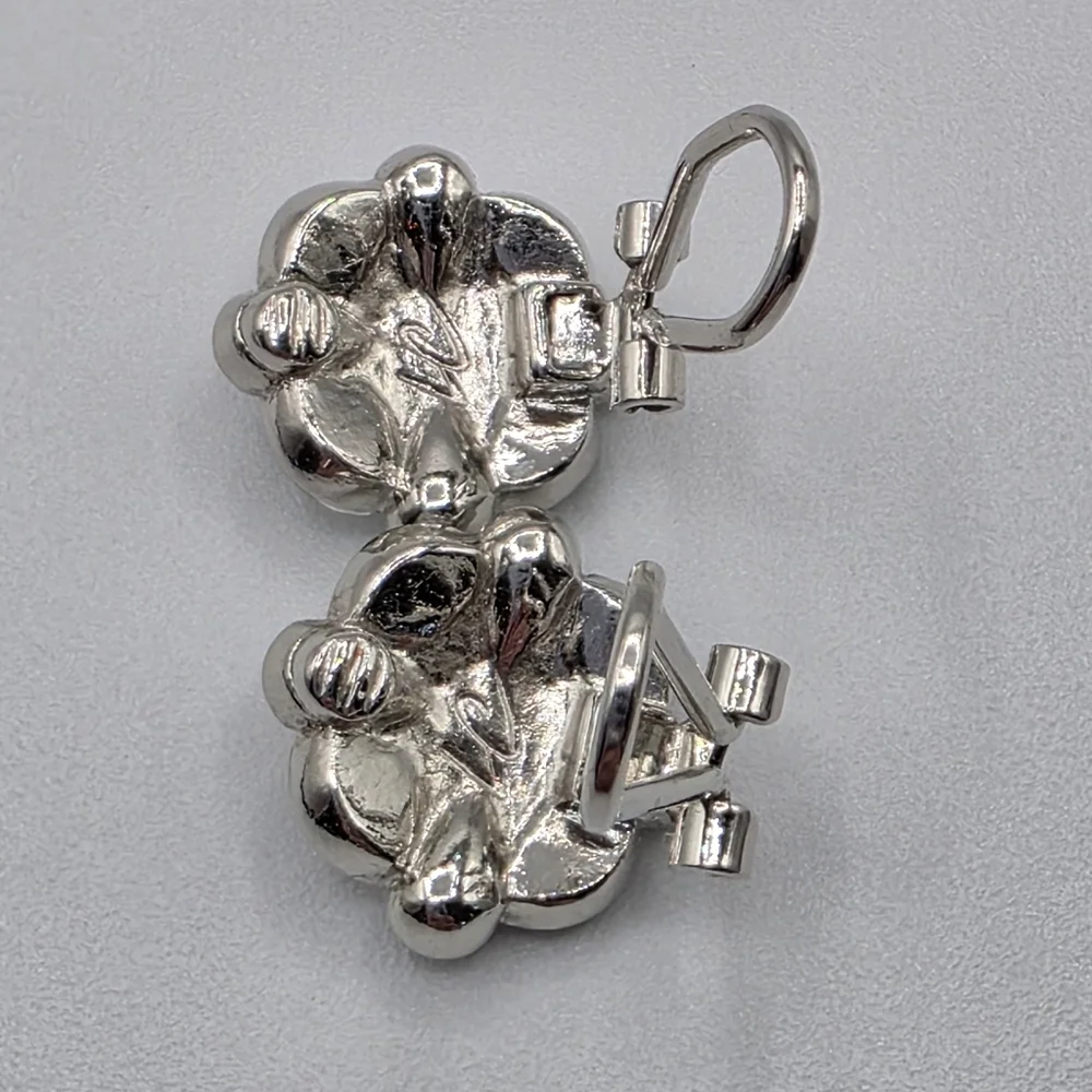 Vintage LIZ CLAIBORNE Round Pave Rhinestone Rhodium Plated Silver Clip Earrings